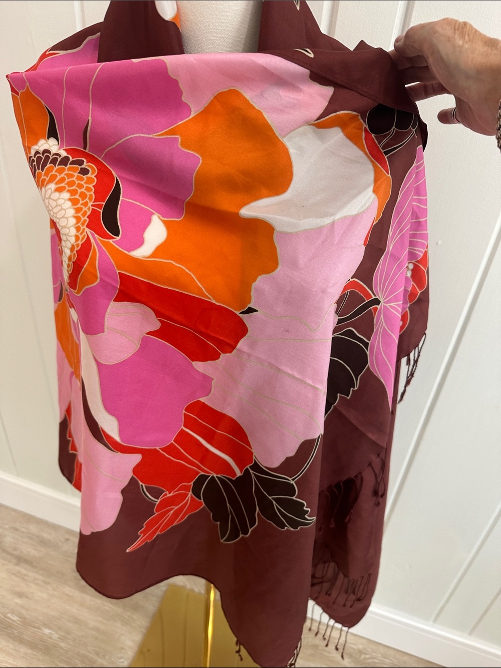 Large Bold Floral Fringe Scarf in Brown, Pink & Orange 63 inches long